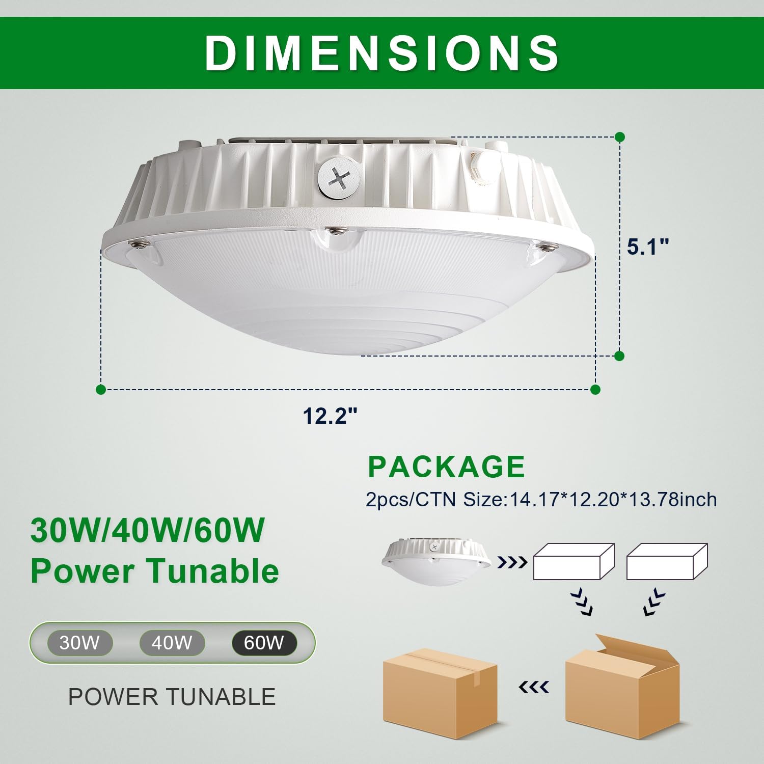 OSTEK LED Parking Garage Light 30W/40W/60W Power Selectable, LED Carport Canopy Lights 5000K 90-277V IP65 Commercial Residential Lights UL Listed (30W/40W/60W-Selectable)