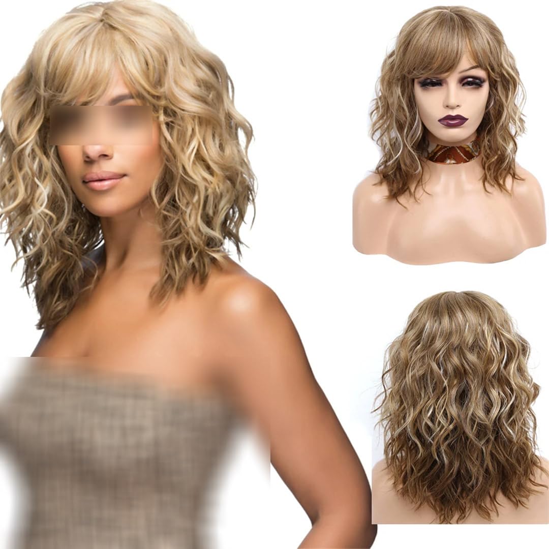 Short Bob Wig Synthetic Natural Side Bangs Curly Heat Hair For Women Blonde Natural Wave Shoulder Length Cosplay 1B30HL 16inches