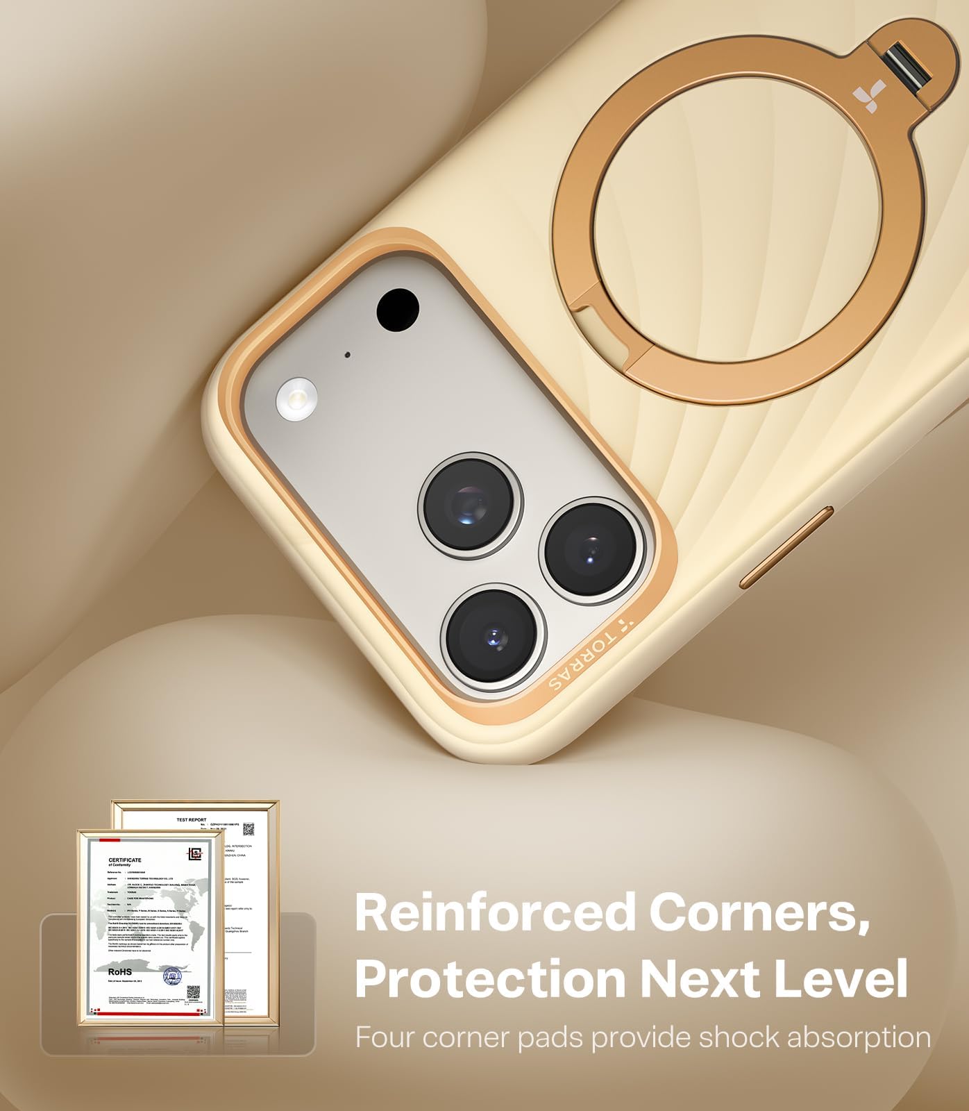 TORRAS Ostand Q3 - Funda de silicona para iPhone 17 Pro (silicona líquida superior) (soporte magnético 360°) con protección contra las teclas de la cámara para iPhone 17 Pro Case con absorción de