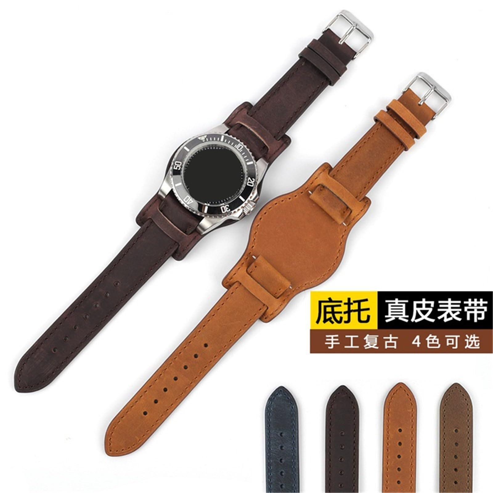 Bracelet de montre en cuir véritable 16-22 mm en cuir de vachette Crazy Horse marron avec plateau