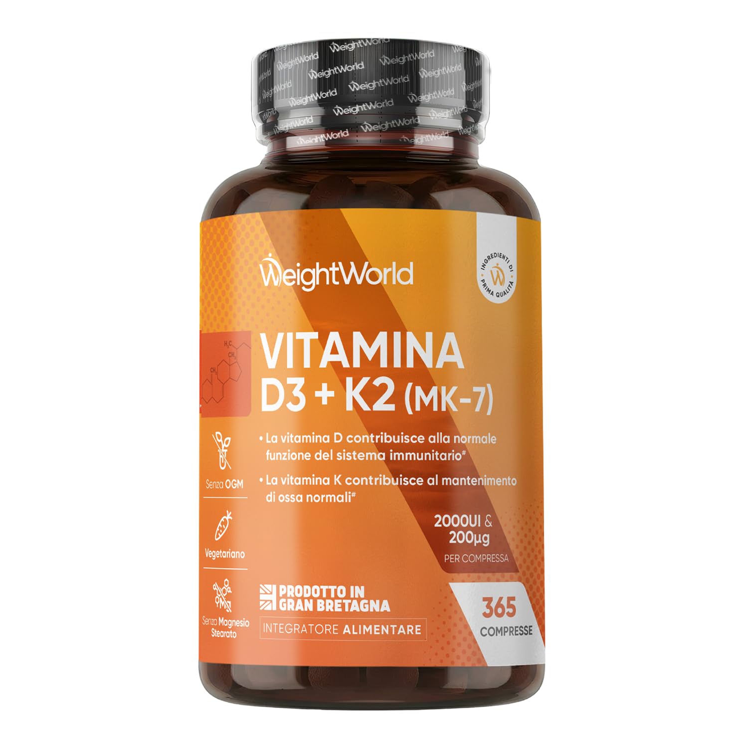 Vitamina D3 K2  1 Compressa al Giorno  2000UI di Colecalciferolo  200μg di Menachinone  La Vitamina K Contribuisce al Mantenimento di Ossa Normali (EFSA)  365 Compresse (Per 1 Anno)  Senza Glutine