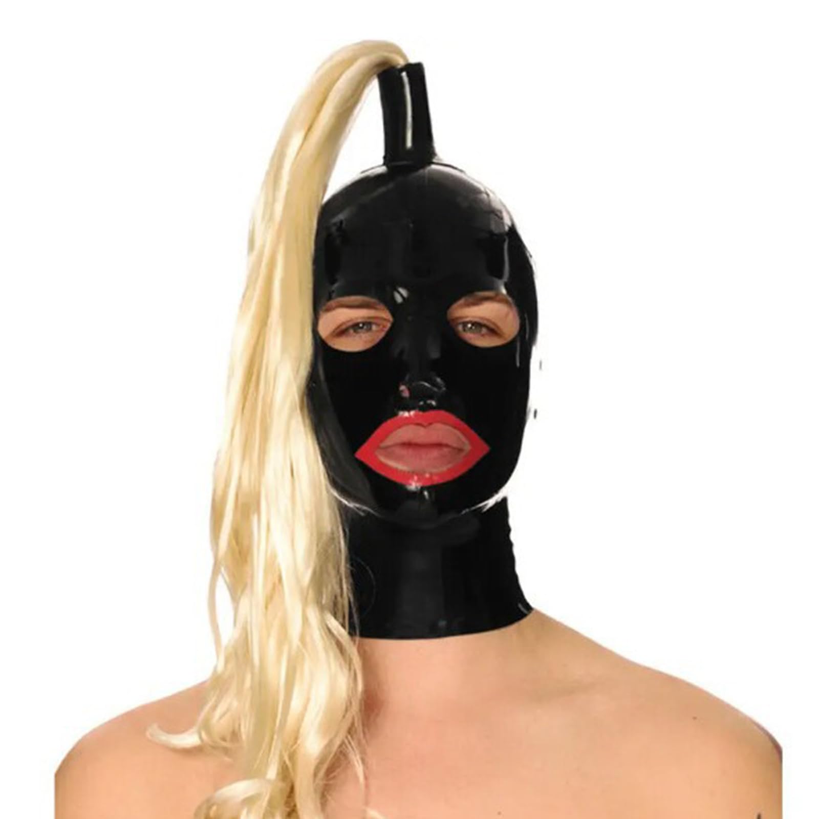PRLBESL Latex Hood Halloween Unisex BDSM Full Face Mask with Wig Open Eyes Mouth Handmade Back Zipper Cosplay(Size:XS-60CM)