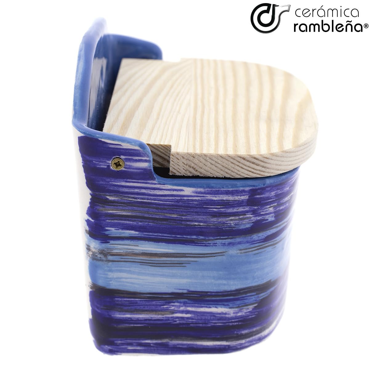 CERAMICA RAMBLENA | Saliera cucina | Saliera con coperchio in legno | Saliera ceramica | Saliera originale | Decorazione Arcobaleno Blu - Modello 12 | 100% Decorato a Mano | 14x10x12 cm