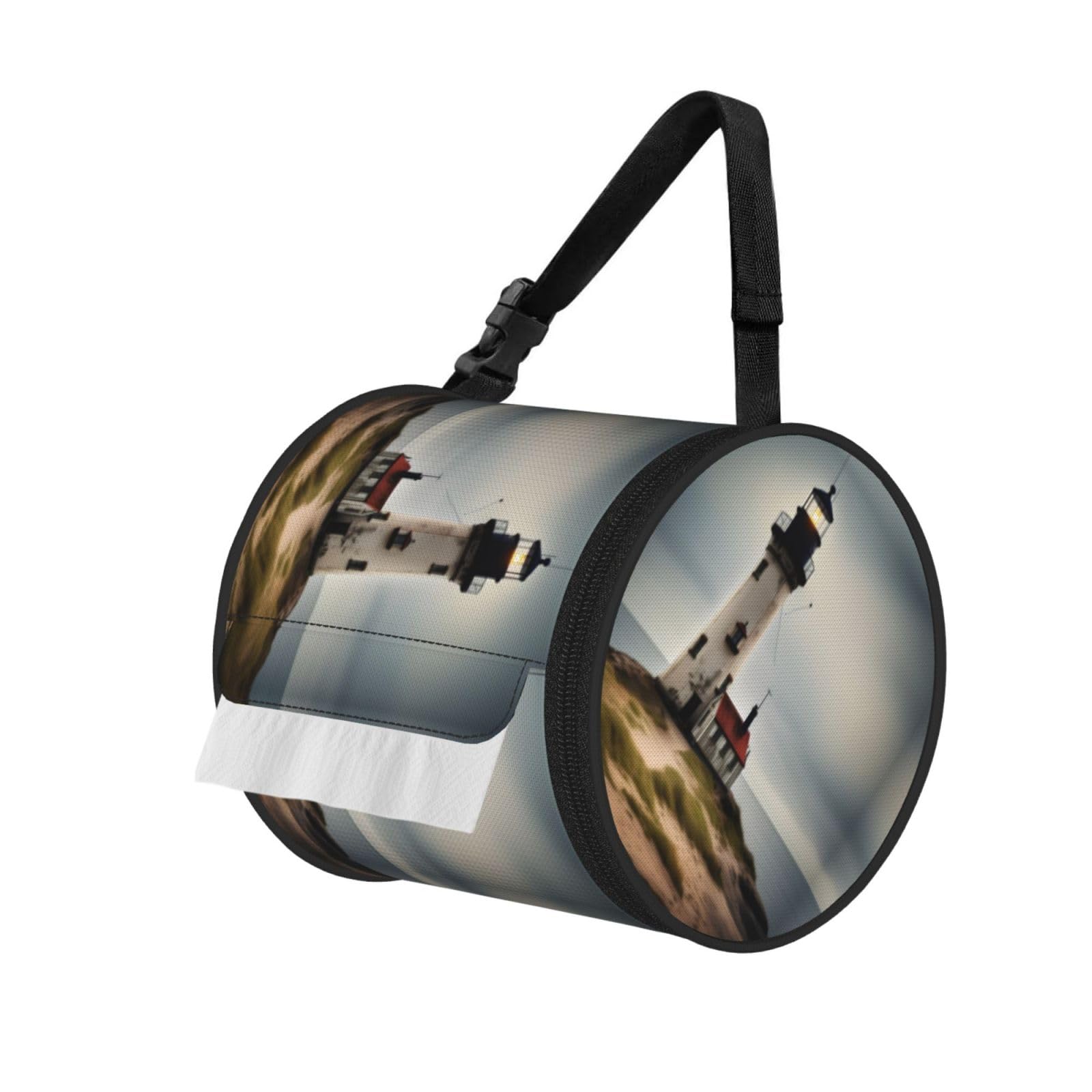 Jiuty Black Old Lighthouse-Standard-Scale-2_00X Print Cylinder Tissue Organizer Bag With Strap, Portable Toilet Roll Holder For Camping Car