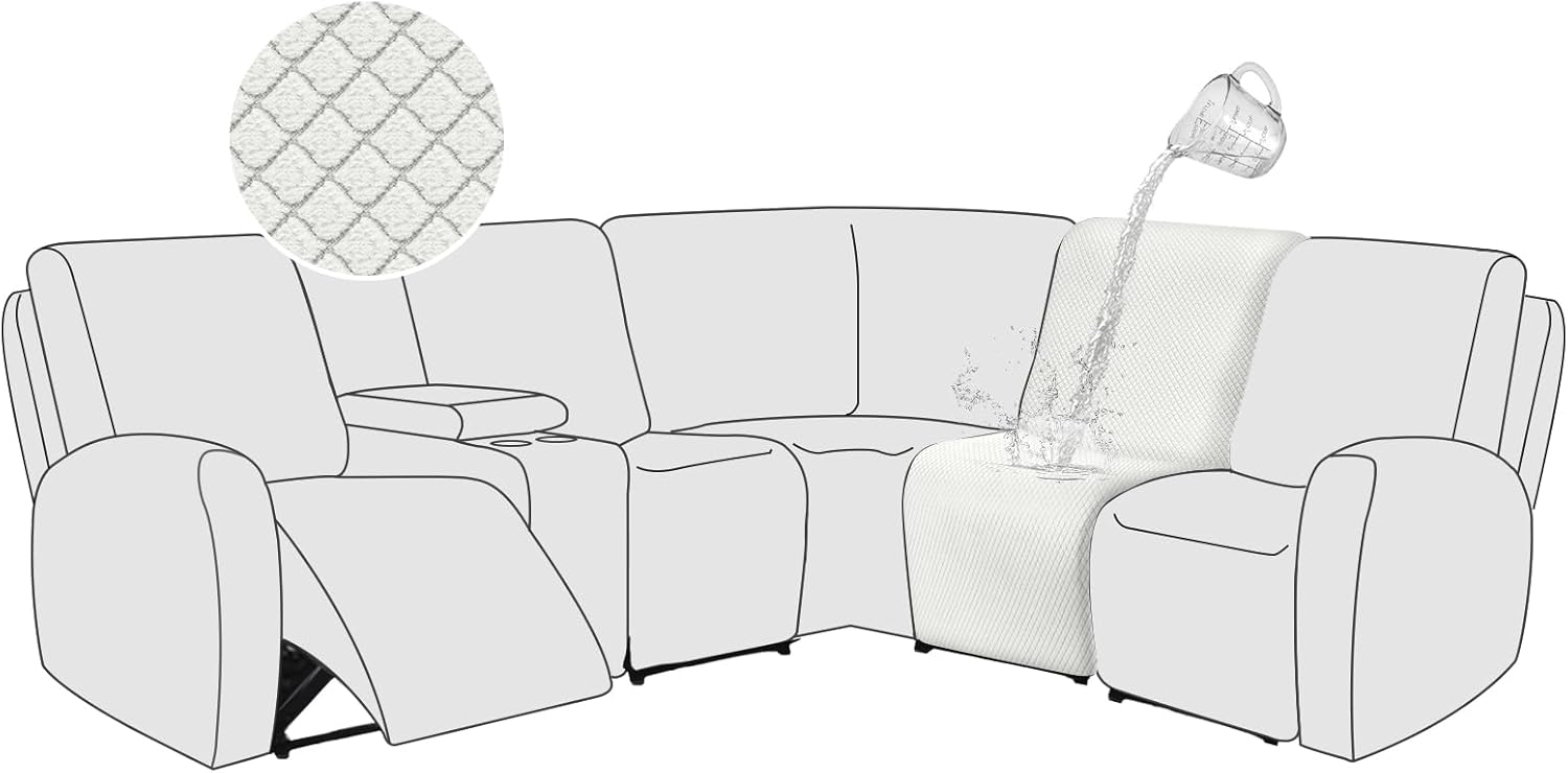 ALIECOM 100% Waterproof Sectional Recliner Couch Covers L Shape Jacquard Stretch 1-Piece Additional Reclining Sofa Cover Washable Armless Corner Seat Slipcover Protector (1 Seat, White)