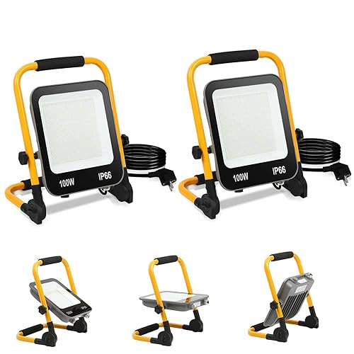 LED Baustrahler, 2x100W LED tragbares Flutlicht mit abnehmbarem Ständer, Baulampe