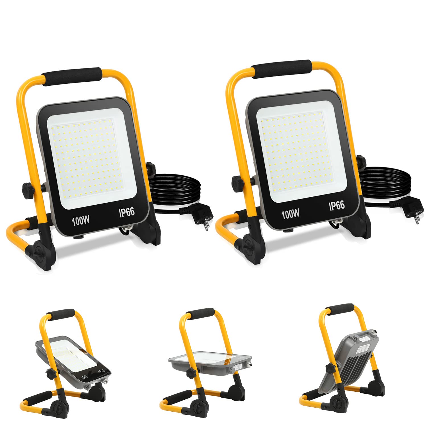 Foco de Trabajo LED, 2 piezas 100W Foco LED Portátil 10000LM 6000K Luz Blanca, con Soporte plegable, Luz de Trabajo Cable 3M con Enchufe, Impermeable IP66 Uso en Interiores y Exterior
