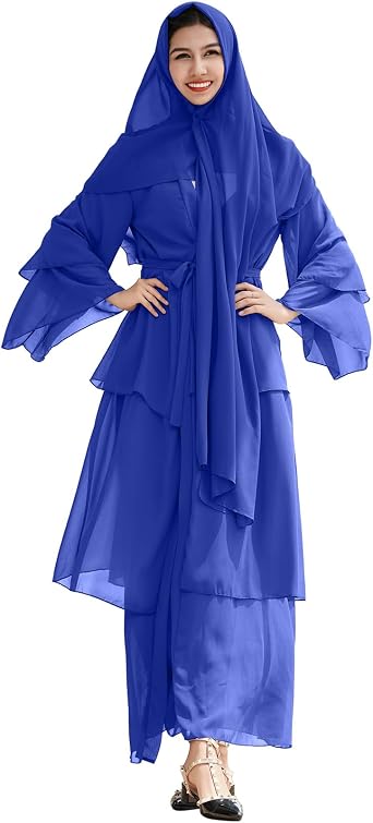Women Muslim Chiffon Abaya Modest Open Front Cardigan Dress with Hijab Middle East Arabian Robe Islamic Dubai Outfit