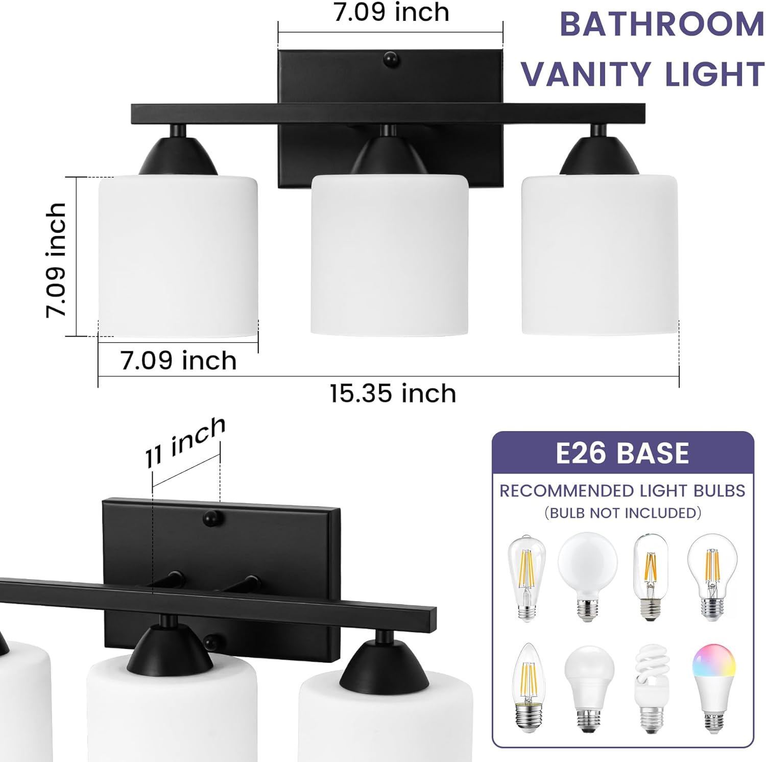 CANMEIJIA Bathroom Light Fixtures Over Mirror, Matte Black 3-Light Vanity Light Fixture, Modern Scones Wall Lighting for Bedroom Living Room, Milky White Glass Shades, E26 Socket, Bulbs Not Included