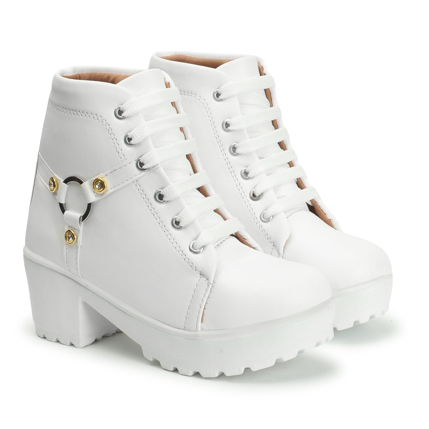 Luxury Women's Embellished Block Heel Boots - Stylish Synthetic Leather Lace-Up Booties with Metal Ring and Diamond Buckle-image-23