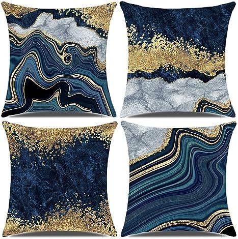 Decorative Pillow Covers, Navy Blue and Gold Marble Throw Pillow Cover,18x18 Square Blue Cushion Cover, Abstract Throw Pillows Case, Sofa Living Room Couch Home Decor Pillowcase Set of 4