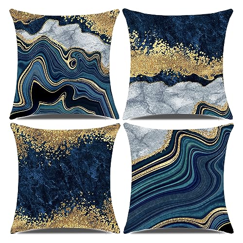 Decorative Pillow Covers, Navy Blue And Gold Marble Throw Pillow Cover,18X18 Square Blue Cushion Cover, Abstract Throw Pillows Case, Sofa Living Room Couch Home Decor Pillowcase Set Of 4 #TOP7