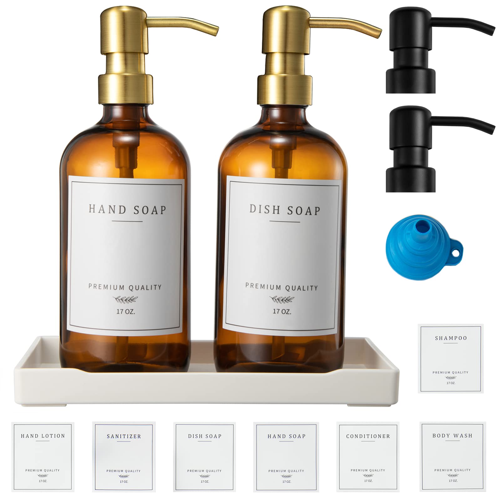 Glass Soap Dispenser for Kitchen, Farmhouse Dish & Hand Soap Dispenser Set, Rustproof Pump Bathroom Soap Lotion Dispenser with Tray, Waterproof Label