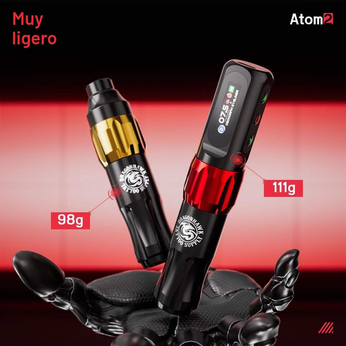 Dragonhawk Atom2 Máquina de Tatuar Rotary Tattoo Microblading Pen 2,8mm Strokes Length 1 Baterías & Conector RCA for Eyebrow Eyeliner Lip (RED 1 BATTERY)