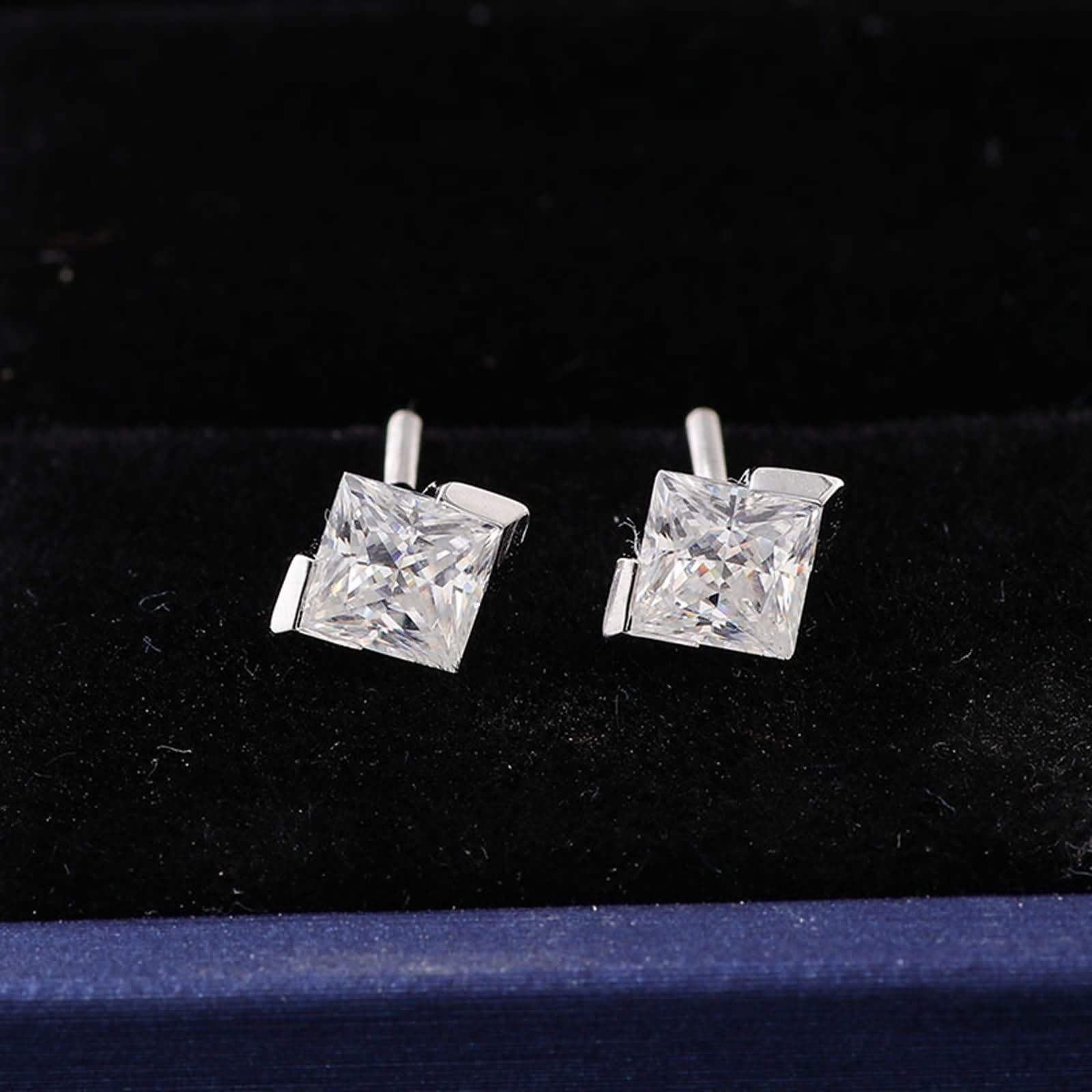 Ohrringe Damen 9K / 14K / 18 K Weißgold, Quadrat mit Moissanit, Frauen Ohrstecker Ohrringe Silber
