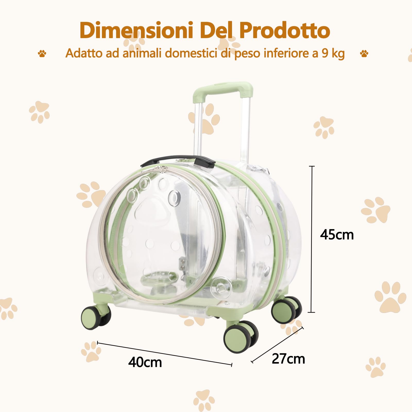 Galatée Valigia Trasparente Con Ruote Per Animali Domestici (Verde)