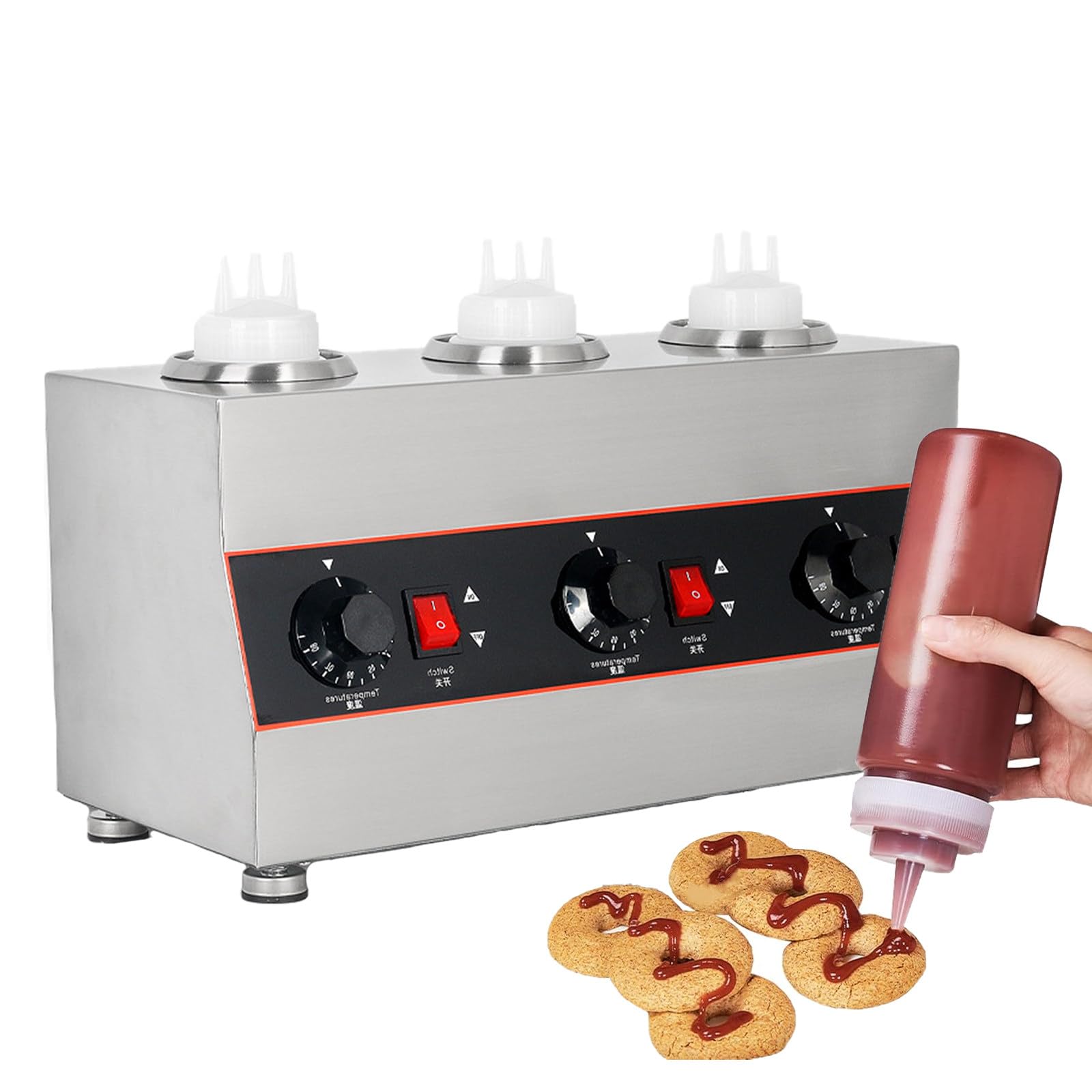 ASerZenith Commercial Electric Sauce And Dispenser For Cheese And Hot Chocolate, Adjustable Temperature 86-185℉, Includes Bottles,3Bottle