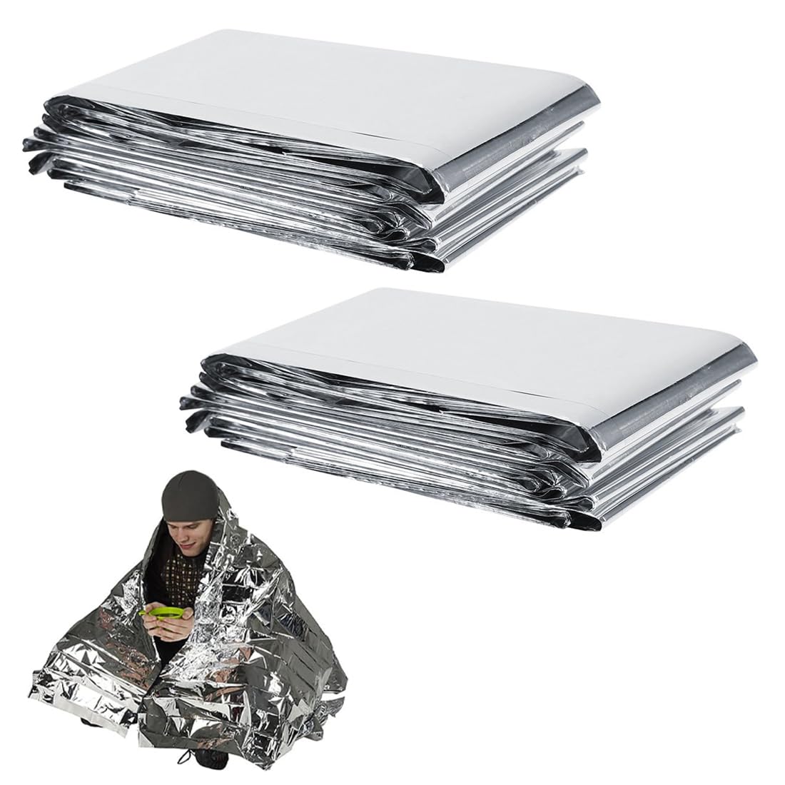 2 unidades Manta Térmica de Supervivencia Resistente al Desgarro y Agua, Coche, Botiquín, Camping, Montaña, Senderismo, Fría, Aislante para Primeros Auxilios (130 x 210 cm)