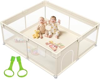 Mloong 69x59in Large Baby Playpen for Toddlers - Sturdy Safe Playard with Zipper Door, Mesh Sides & Pull Rings, Beige