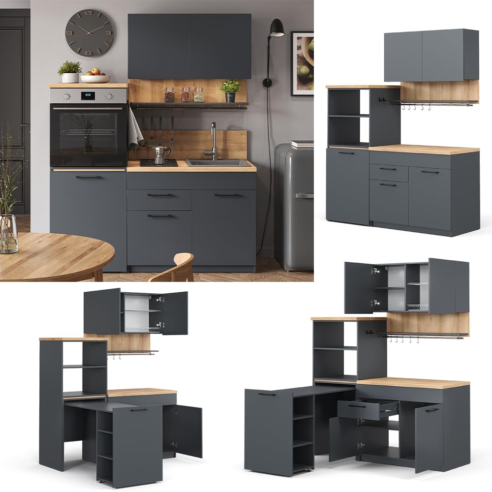 Vicco Küchenzeile Egbert, Anthrazit, 160 cm mit ausziehbarem Tisch, mit integriertem Tellertrockner und seitlichen Regalablagen
