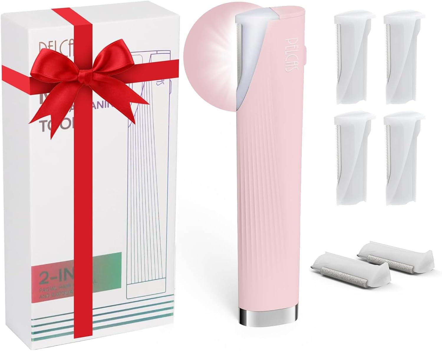 PELCAS Electric Dermaplaning Tool Kit for Women Face with LED Light, Facial Mini Dermaplaning Razor with 6 Blades, 3 Speeds 2 in 1 Facial Peach Fuzz Hair & Exfoliation Removal System at Home BV18-712