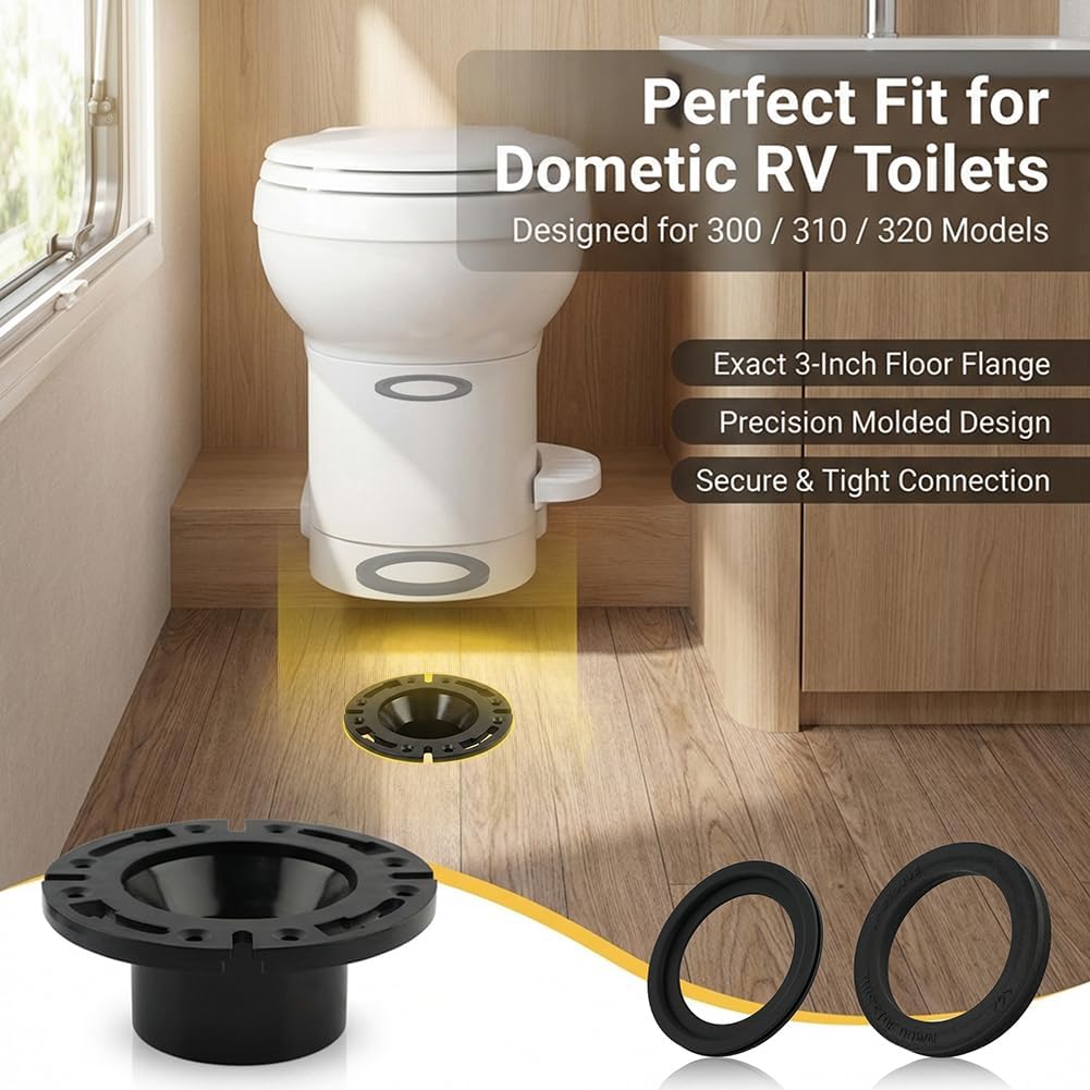 RV Toilet Seal and 3" Socket Floor Flange for Dometic 300 310 320, Replacement Parts Set Including 385345892 Flange, 385311658 Flush Ball Seal, 385311652 Base Seal, 5-in-1 Repair Solution