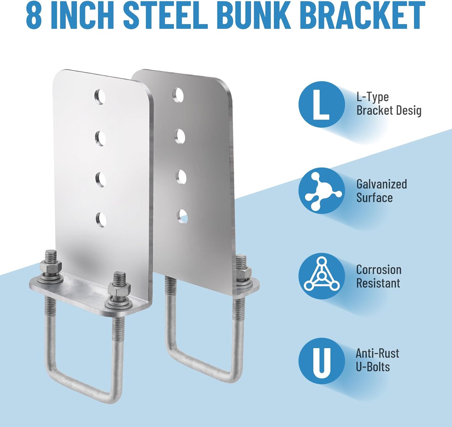 8" L-Type Boat Trailer Bunk Brackets - Galvanized Steel Fits for 3x3 Crossmembers, 8 Pack Bunk Board Kits for Boat Trailers