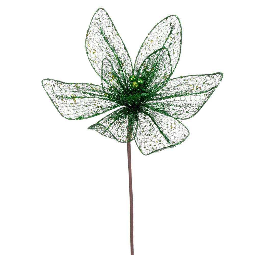 24 in. Mesh Glitter Sequin Poinsettia Spray Emerald - 2 per Bag