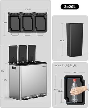 Amazon｜Lovewind 3×20L キッチンゴミ箱 蓋付き 3コンパートメント
