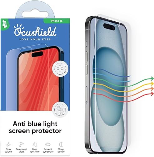 Ocushield Protector de pantalla de vidrio templado antiluz azul para iPhone 15 (6.1") - Protege tus ojos, reduce las migrañas y mejora el sueño