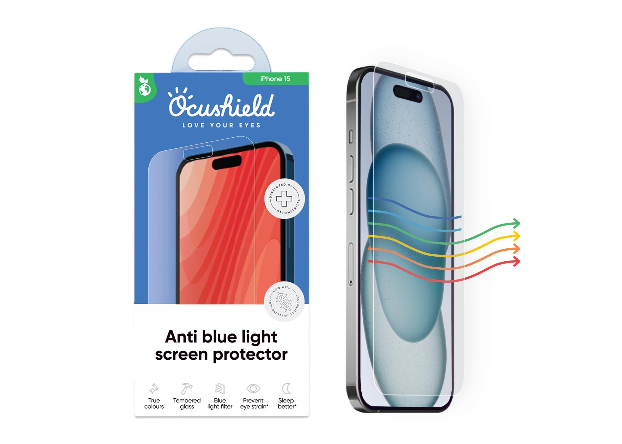 OcushieldAnti Blue Light, Tempered Glass Screen Protector for iPhone (iPhone 15 Regular)