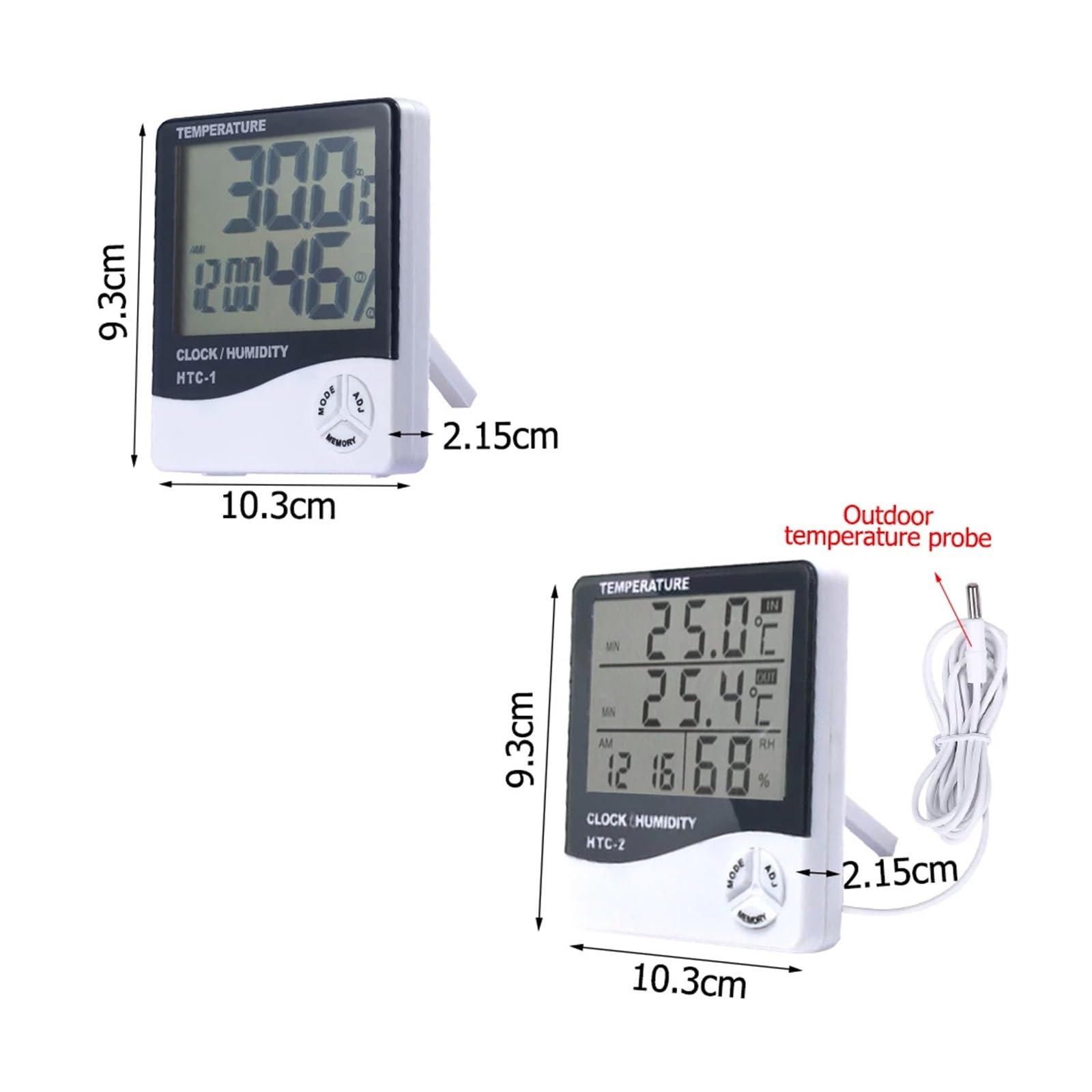 Cyfrowy miernik wilgotności i temperatury LCD, termometr, higrometr, stacja pogodowa do użytku wewnątrz i na zewnątrz, zegar, HTC-2 - na zewnątrz