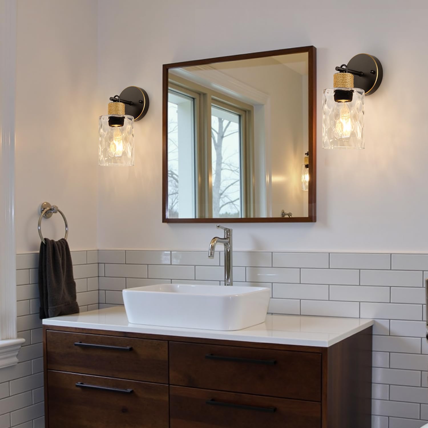 MOKATNG Set of 2 Wall Sconces for Bathroom, Coastal Modern Vanity Lights with Clear Glass Shade, Brown and Gold Bathroom Wall Lamp for Mirror Kitchen Living Room Hallway Cabinet Porch