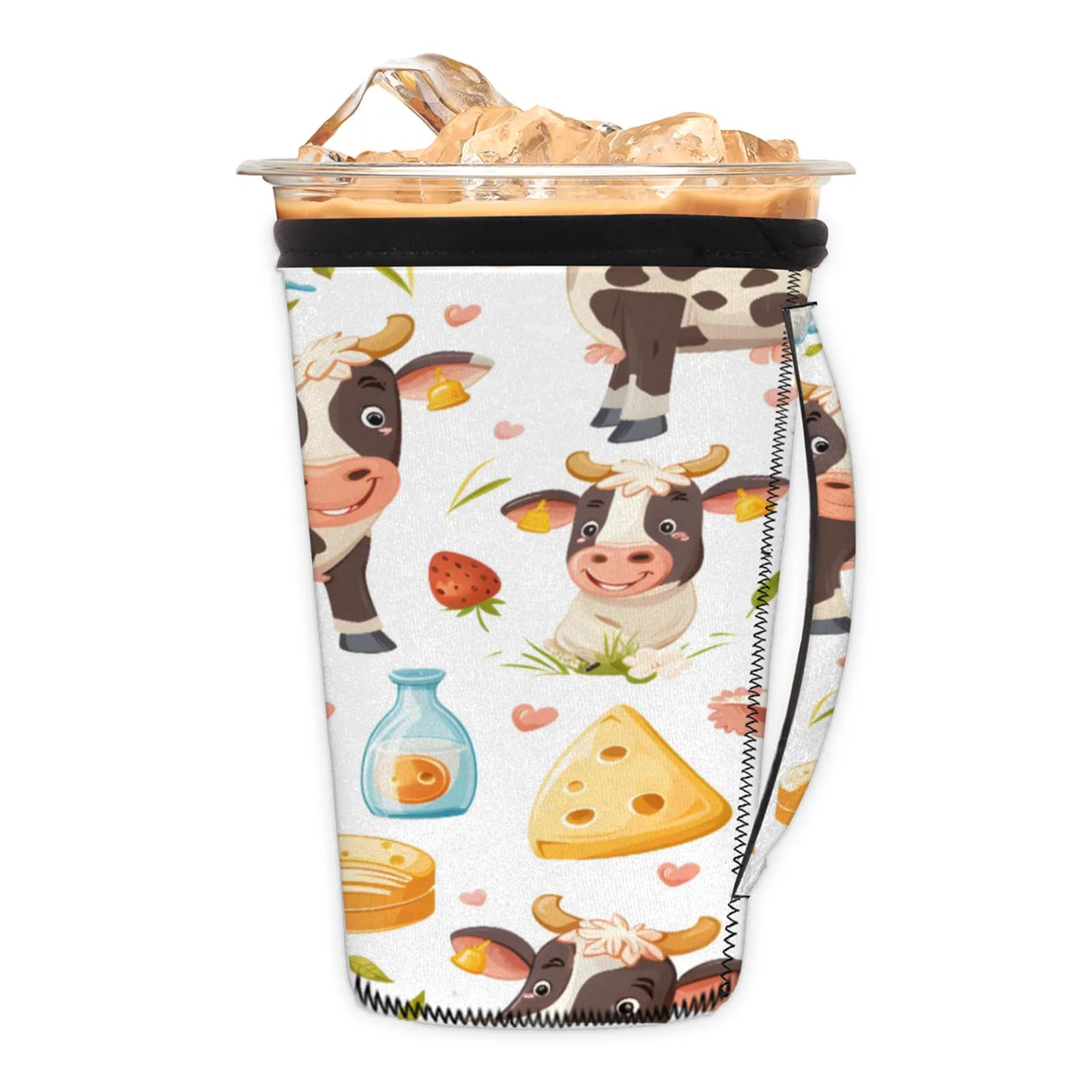 Cow Milk Strawberry Reusable Neoprene Coffee Sleeve with Handle Insulated Iced Coffee Cup Holder Reduces Condensation Fits 24-28 oz Cups M