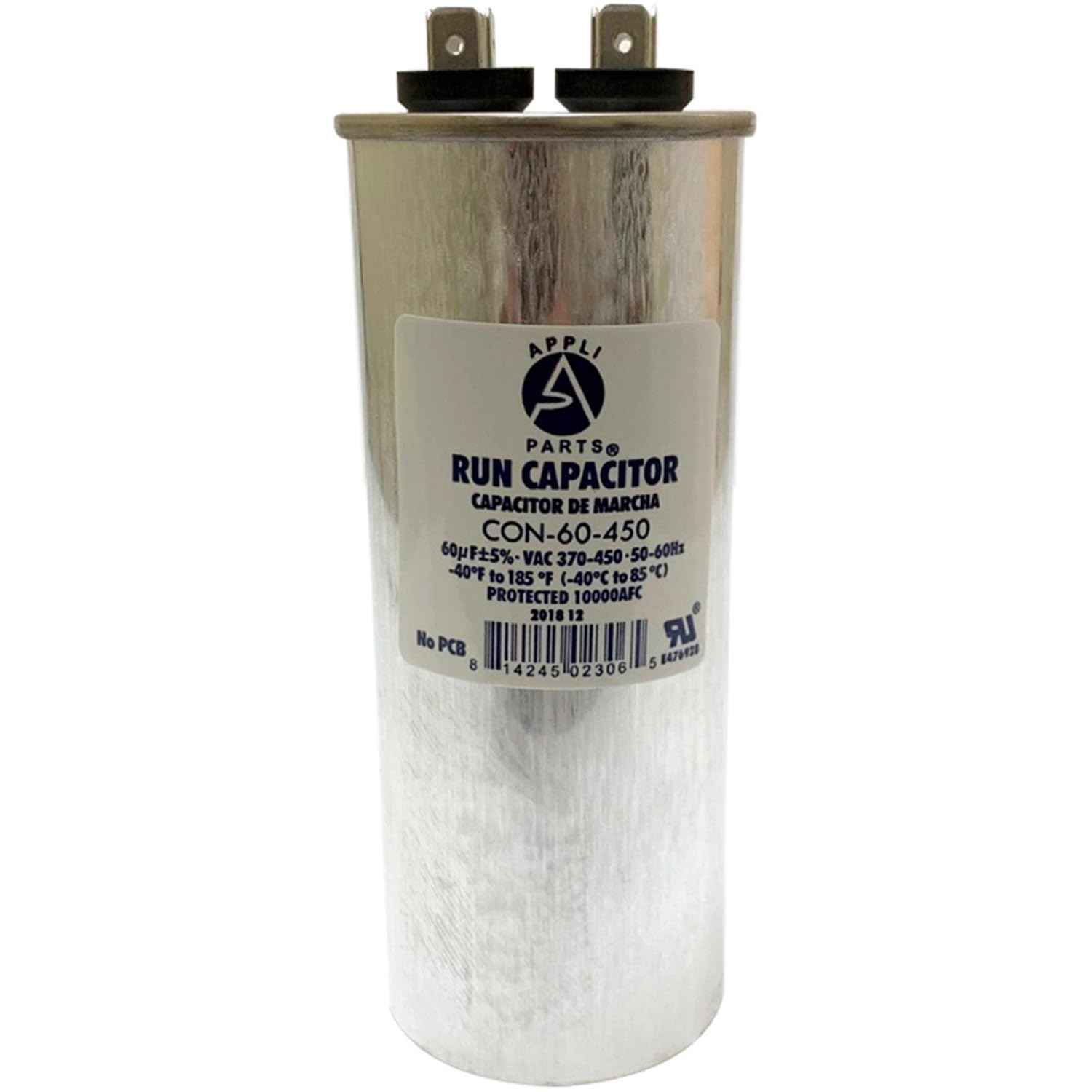 AP APPLI PARTS Run Capacitor for ac 60 Mfd uF (microfarads) 370 VAC or 450 VAC CBB65 Round Universal fit for hvac and other applications 5-7/16 in High 2 in Wide CON-60-450