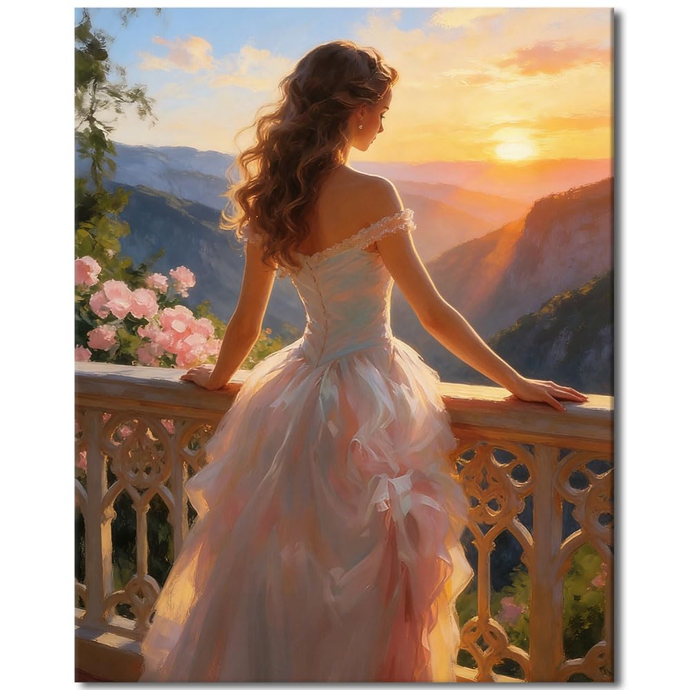 TISHIRON Paint by Numbers Kit for Adults, Paint by Number - Romantic Sunset Portrait of Beautiful Girl in Long Dress on Balcony, Home Decor Canvas Painting, Beginner Friendly(16x20 Inch)