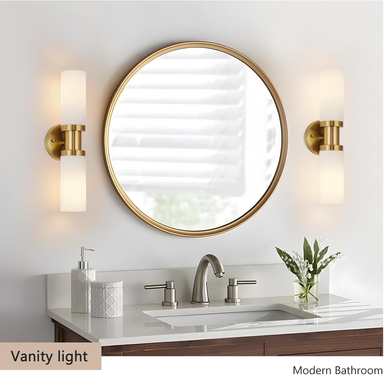 Gold Wall Sconces Set of Two, Brushed Gold Bathroom Vanity Light with Milk White Glass, Hardwired Sconces Wall Decor Set of 2 Wall Light fixtures for Bathroom Mirror Living Room Hallway Bedroom