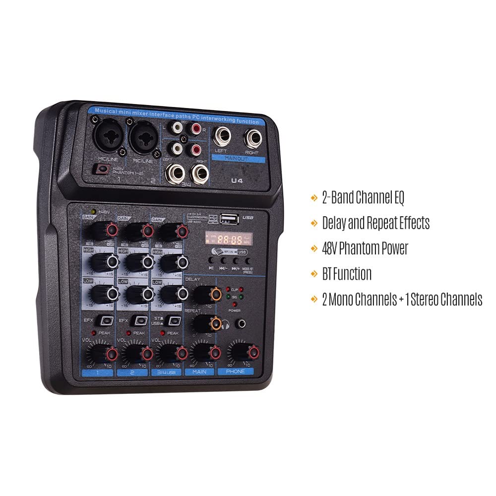Mezclador de Audio portátil U4 de 4 Canales, Consola de Mezclas BT USB con Tarjeta de Sonido integrada y Conector Phantom de 48 V.