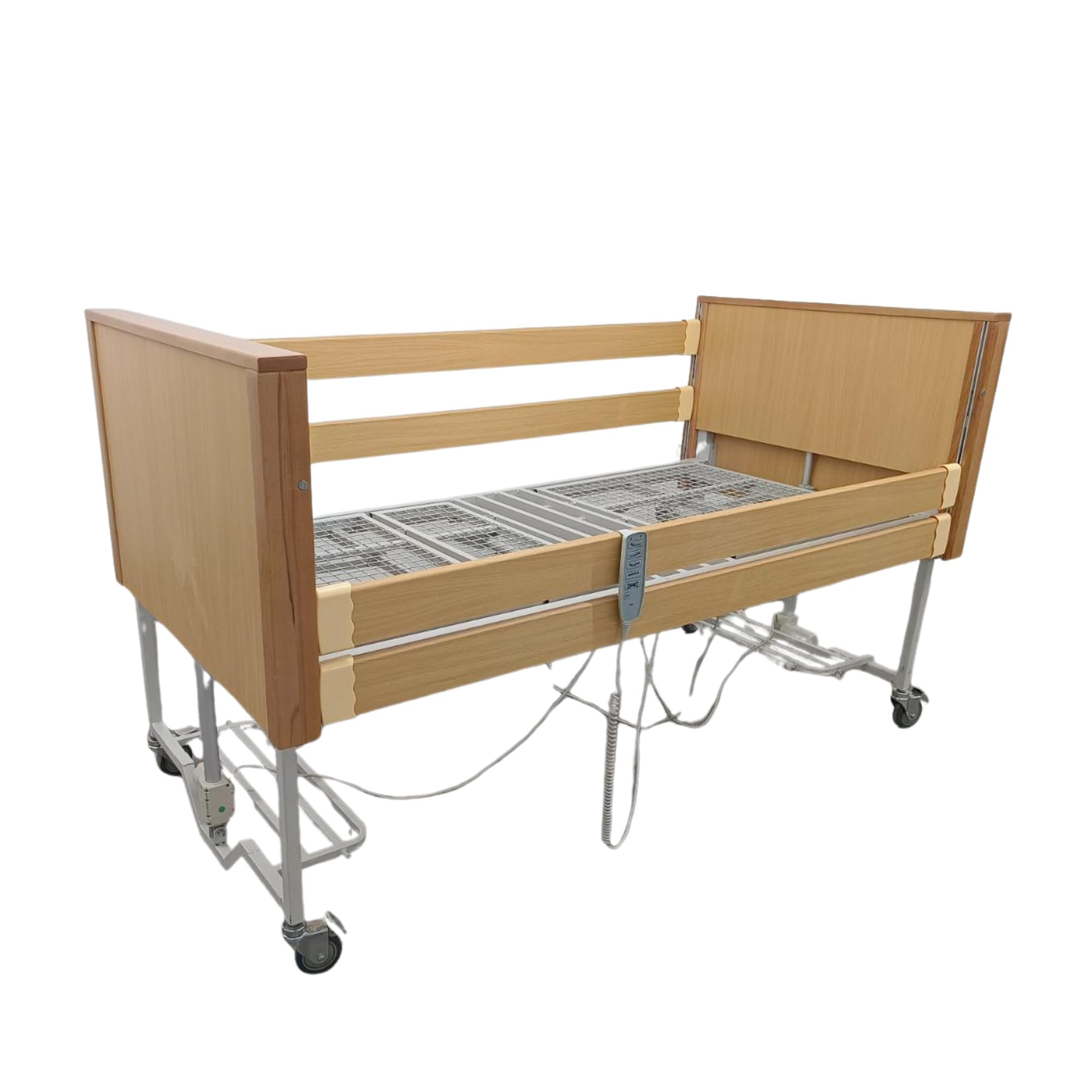 Letto Ospedaliero Elettrico a 5 Funzioni in Rovere e Acciaio 4 motori 5 Funzioni con Sponde - Incluso Materasso Ortopedico, Movimento Trendelenburg/Anti-Trendelenburg - Degenza e Anziani, DM Classe 1