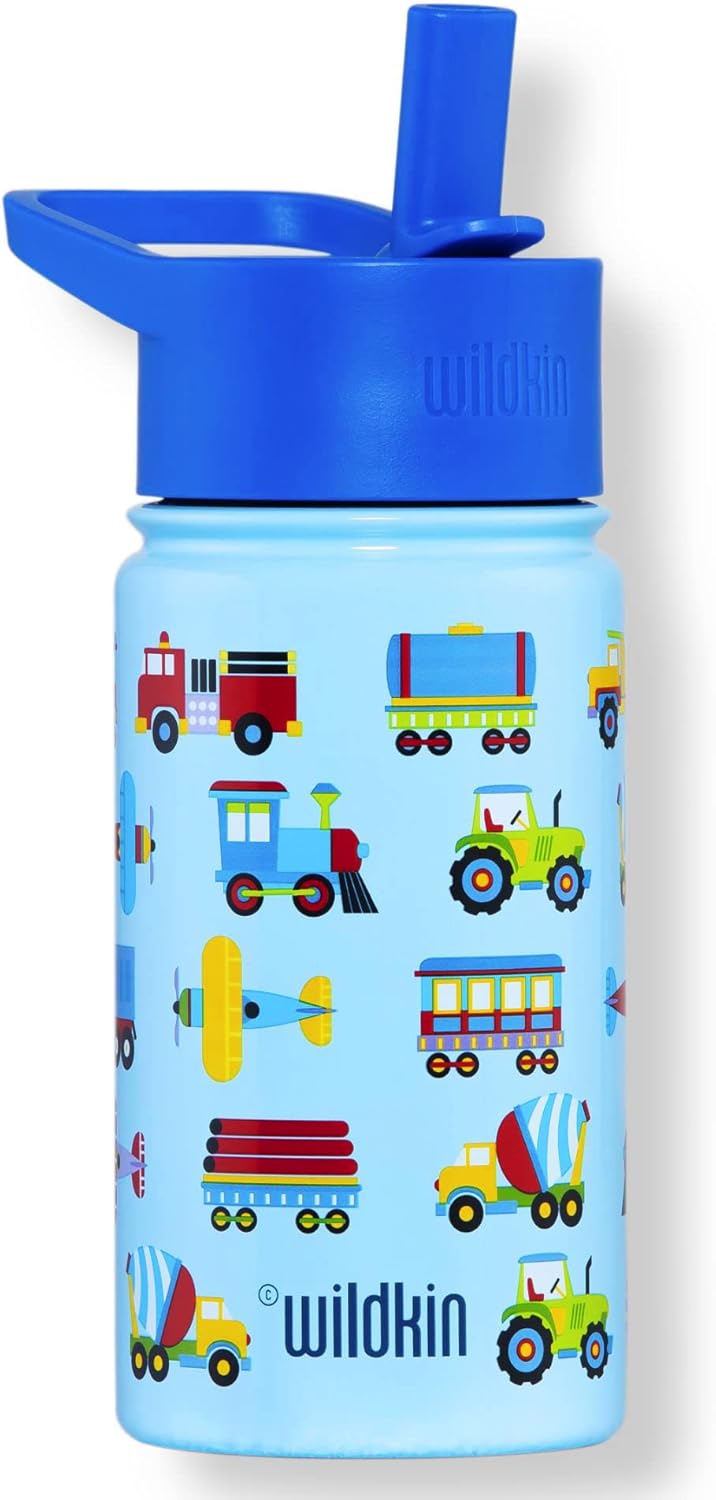 Wildkin 14 Oz Stainless Steel Water Bottle and Nested Snack Containers Bundle for Organize and On-the-Go Refreshment (Trains, Planes & Trucks)