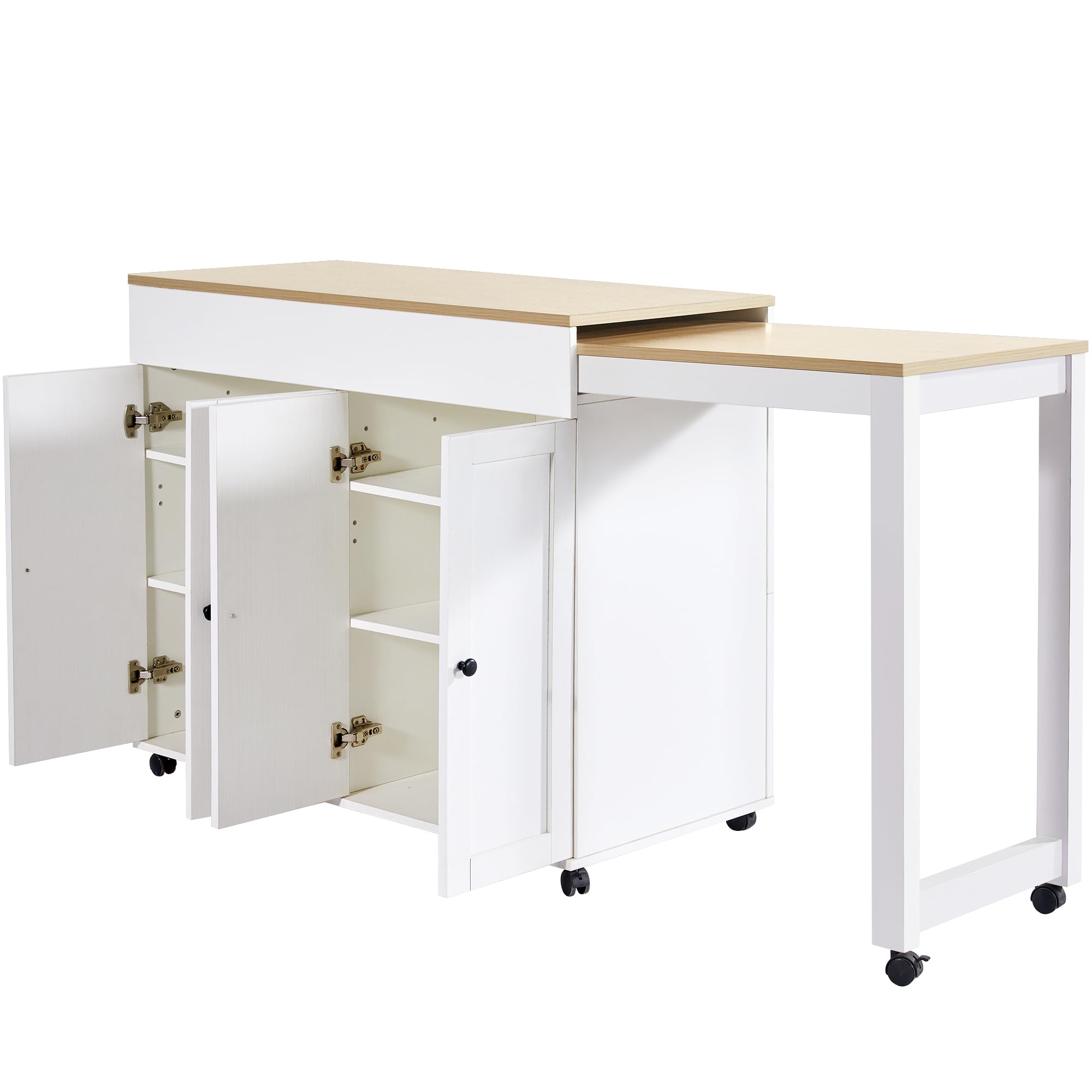 Mesa de Bar Extensible Mesa de Comedor Extensible Moderna 117-180x50x94.6 cm, Isla de Cocina con Ruedas, Mesa de Bar Móvil, Armario de Cocina Buffet Uso como Divisor de Salón, Blanco y Natural