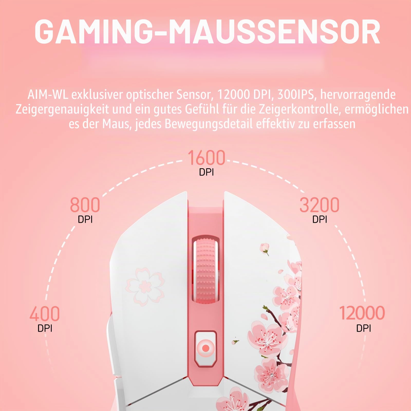 DAREU Sakura Pink Gaming Maus Kabellose mit Magnetic Charging Dock, 12K DPI, 6 Programmierbare Tasten, 300IPS 1000Hz