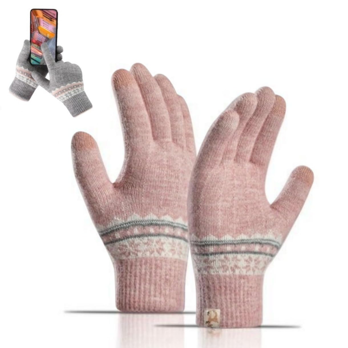 reffer Women Wool gloves cute Snowflake Pattern Knitted (warm fur inside) stretchy windproof touchscreen finger winter gloves for women girls-picture-43