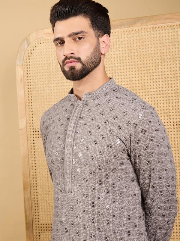 Image of Men's Solid Embroidered Long Straight Kurta | Men's Kurta | Embroidered Chikankari Kurta for Men | Straight Fit Kurta for Men