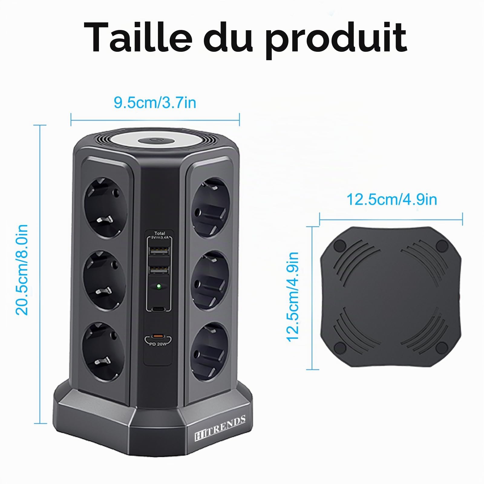 Tour de prise, 12 prises, 4000 W, protection contre les surtensions, prise de table avec 2 ports USB A+ 2 USB C (PD 20 W), prise de distribution de 1,8 m avec veilleuse réglable, noire