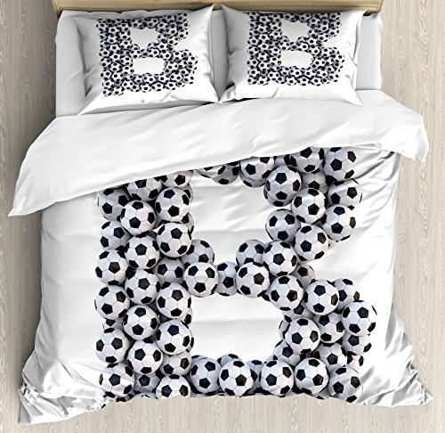 Ambesonne Letter B Duvet Cover Set, Soccer Themed Letter Monochrome Classical Balls Pattern Sports Themed Design, Decorative 3 Piece Bedding Set with 2 Pillow Shams, King Size, Charcoal White