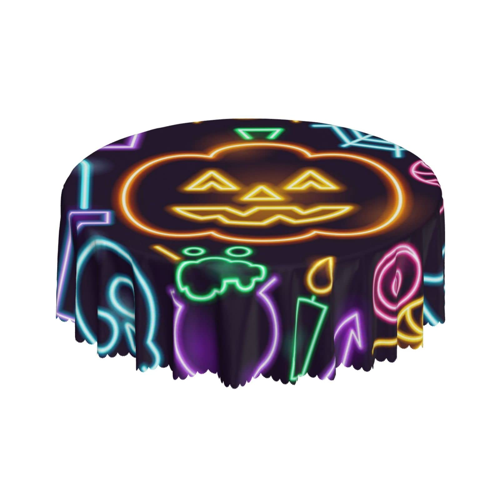 Lsjuee Halloween Neon Black Round Tablecloth 60 Inch Printed Washable Tablecloth for Dining Party Holiday Fall Home Decorative