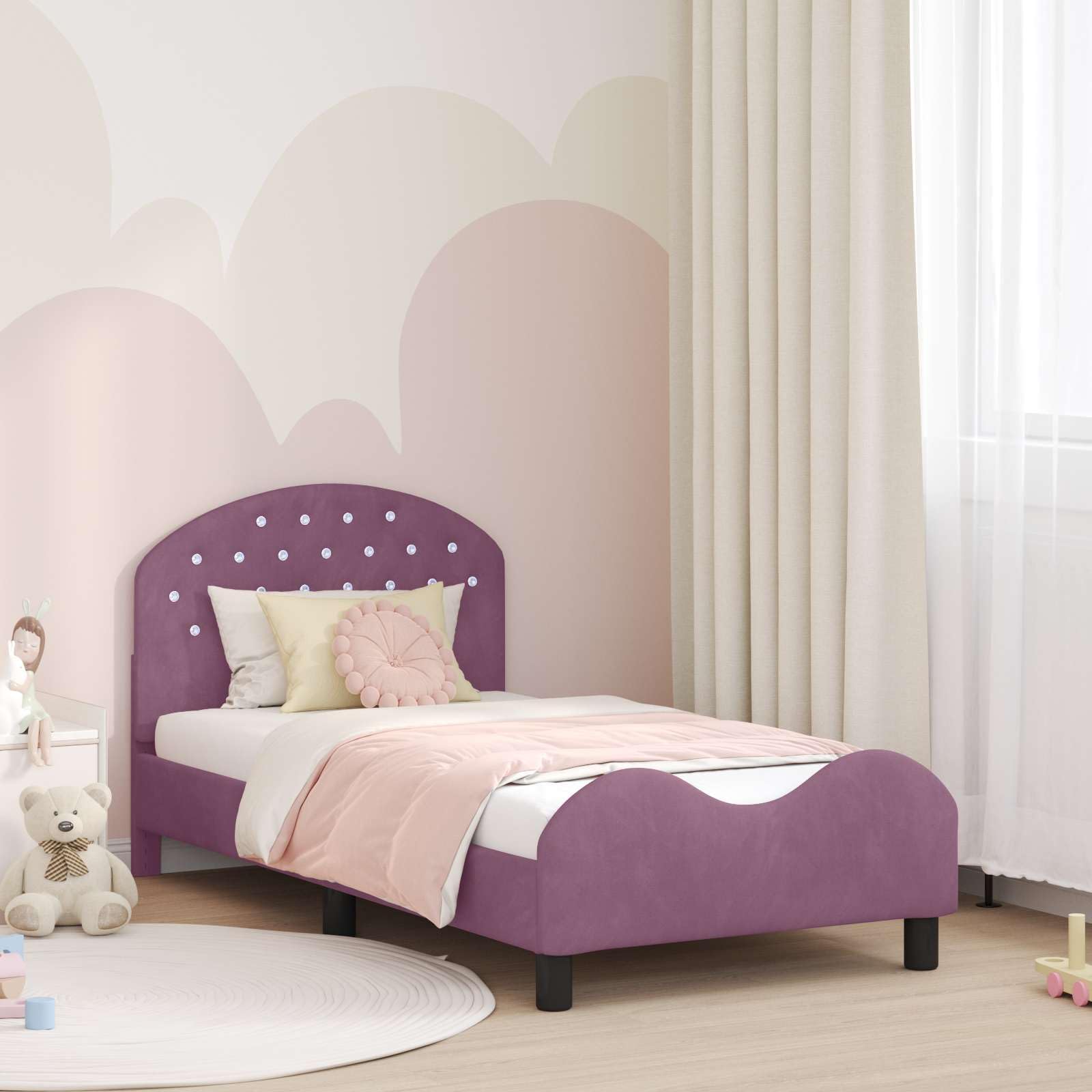 Rama łóżeczka dziecięcego z zagłówkiem, liliowa, 80 x 160 cm, aksamitna, rama z materiału drewnopochodnego, niski design, zintegrowane schowki, trwałe do pokoju dziecięcego