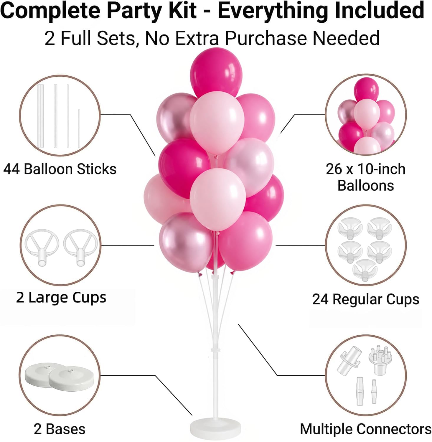 Kit de support de colonne de ballons rose métallique pour sol avec poteau de base, pour fête