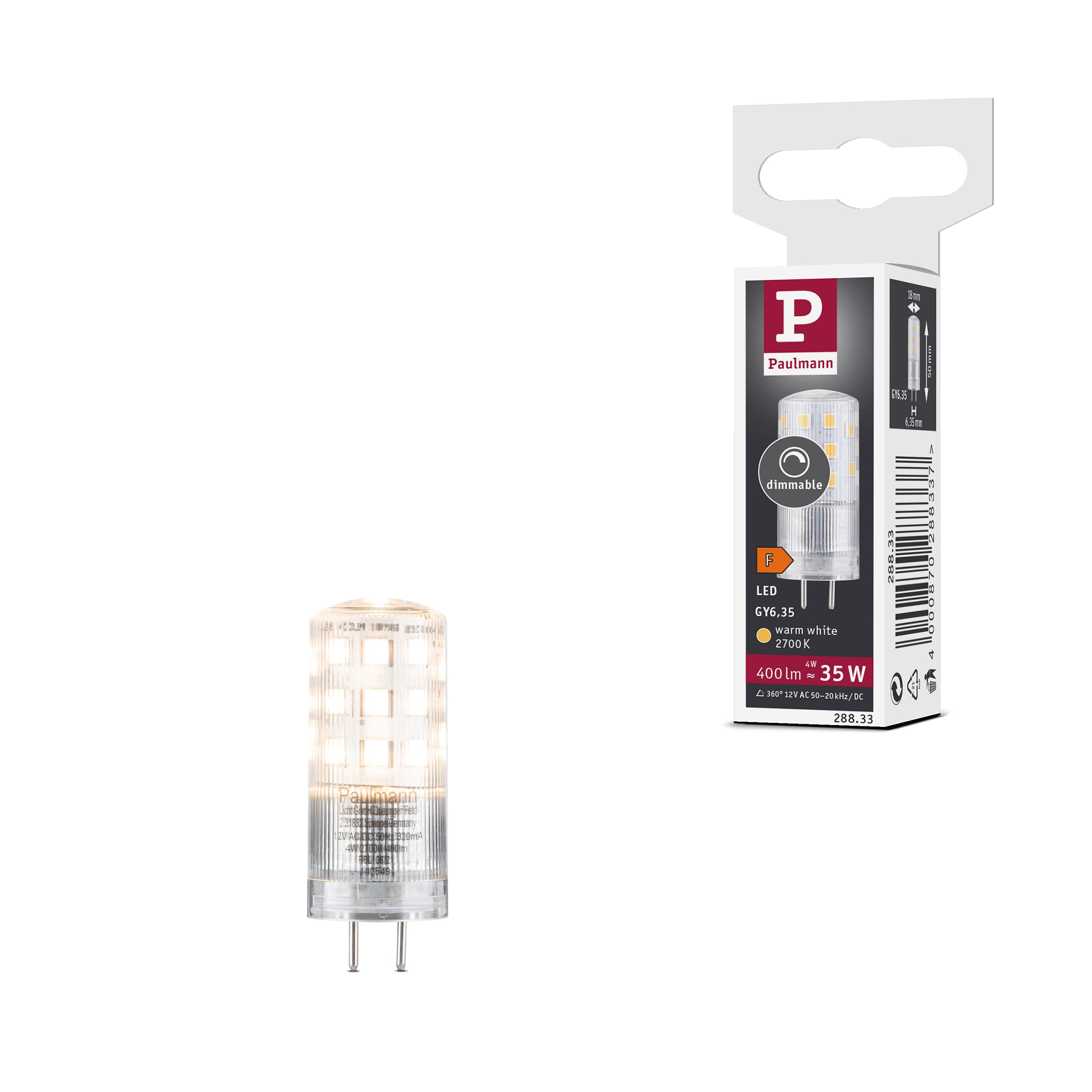 Paulmann 28833 LED Light Bulb with Pin Base 400 lm 4 Watt Dimmable Plastic 2700 K GY6.35 Clear Pack of 1